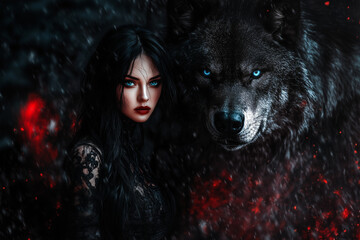 Beautiful dark hair woman sitting near the huge wolf.