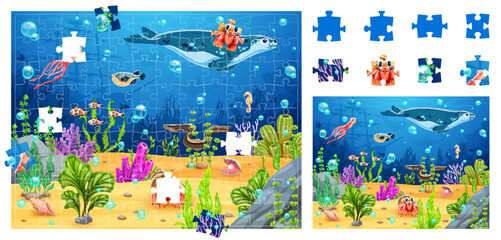 Aufkleber - Cartoon underwater landscape with sea animals, jigsaw puzzle game pieces. Vector worksheet, fun and educational activity for children with marine life swimming among colorful corals reefs and plants