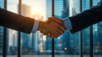 An international business handshake between two executives in a modern office, skyscrapers visible through the large windows