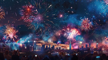 Fireworks explode in the night sky over the cityscape as a large crowd gathers below to celebrate New Year's Eve.