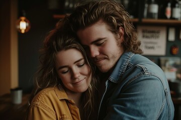 Young couple in love hugging and looking at each other in a pub