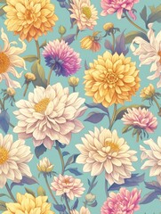 seamless pattern featuring hand-drawn dahlia flowers in vibrant colors, showcasing intricate details