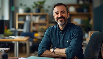 Poster - Smiling Man in a Blue Shirt Sitting at a Desk in an Office