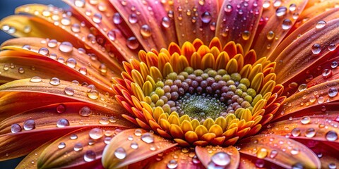 A vibrant flower with dew drops glistening on its petals, showcasing the intricate details of its structure and radiating a sense of delicate beauty