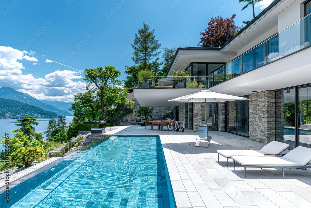 Modern villa with swimming pool and terrace featuring white stone ...