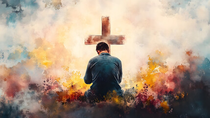 Poster - Christian man praying in front of a cross in a watercolor style. Digital watercolor painting.