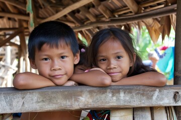 Wall Mural - Two asian kids sitting on the wooden fence in the village.