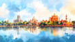 © john - Watercolor panorama illustration of iconic landmarks for tamil nadu day