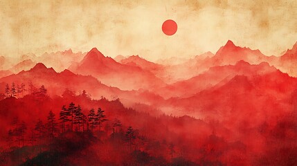 Traditional painting chinese ink red landscape. Painting of hills, trees on a textured paper.