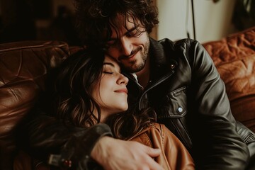 Wall Mural - Beautiful young couple in a leather jacket on the couch at home.