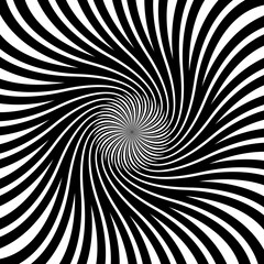 Poster - Psychedelic hypnosis swirl, hypnotic spiral pattern. Monochrome vector optical illusion with swirling circular shape, wavy lines or rays with dot in center. Abstract black and white spiraling effect
