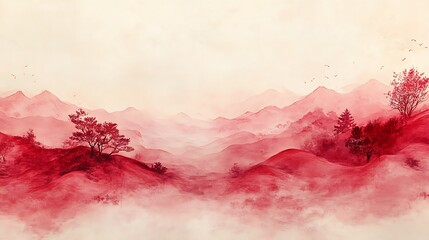 Traditional painting chinese ink red landscape. Painting of hills, trees on a textured paper.