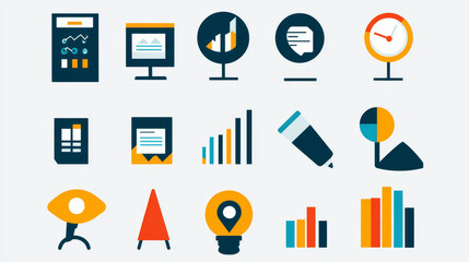 Poster - This set of illustrations shows different elements related to business meetings and conferences. It includes flat icons and designs that are perfect for presentations or visual communication.