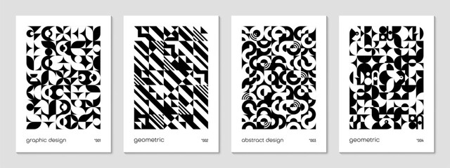 Aufkleber - Monochrome abstract geometric poster templates with modern shape patterns, vector backgrounds. Web banners or book covers and posters with geometric design of mosaic pattern of trendy elements