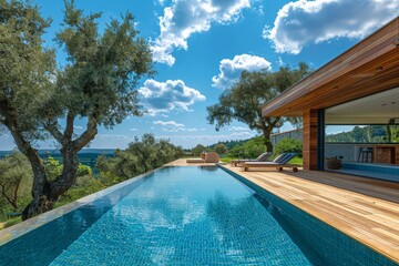 Modern wooden house with pool, large terrace, and view of olive trees in Mediterranean countryside under a bright blue summer sky.