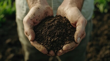 Farmer’s hands holding dark, fertile soil in the middle of a farm