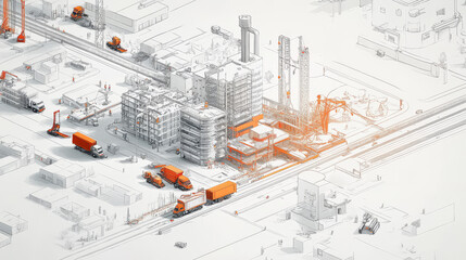 A drawing of buildings and roads being built, with trucks, workers, and other construction equipment. The drawing is on a white background.