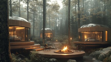 Circular wooden cabins with glass walls, surrounding a peaceful bonfire in the woods, with natural light filtering through the trees and creating a serene atmosphere