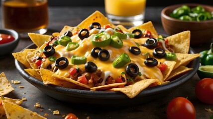 tasty cheesy crispy nachos with yellow cheese cream, sliced jalapeno & black olives. yummy tortilla chips snack or party appetizer totopo Mexican dish