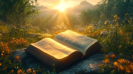 Open Bible with a sunrise in the background.