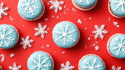 Christmas snow macaroons on color background,French macaroons for a christmas retail display,christmas tree in bakery shop,Open shop window with specialties pastry in holiday season.