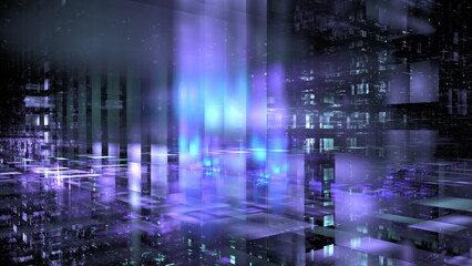 Fototapete - A vibrant digital landscape features a captivating mix of purple and blue lights, creating intricate patterns and depth in a futuristic environment, evoking a sense of technology and innovation