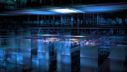 Fototapete - A vast digital landscape features glowing blue structures that rise from a reflective surface, creating a sense of depth and futurism during nighttime, evoking a cybernetic atmosphere