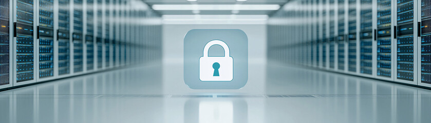 Poster - a server room with a digital padlock icon floating in the foreground, highlighting the importance of
