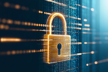 Poster - A digital padlock appears on a computer screen alongside lines of code, representing advanced cyber security measures, with plenty of empty space around the image for text.