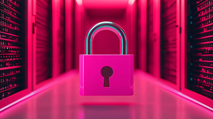Poster - a futuristic digital padlock floats in front of a server room, representing advanced cyber security 