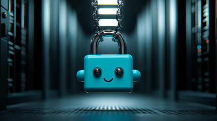 Poster - A futuristic digital padlock floats in front of a server room, representing advanced cyber security and data protection systems, with minimal copy space for messaging.