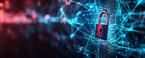 Poster - A cyber security concept showing a digital padlock overlaying an abstract network diagram on a laptop screen, with ample copy space for text or logos.