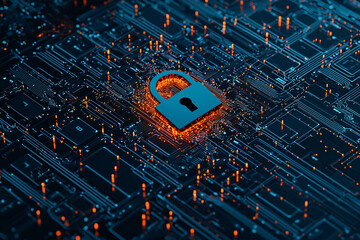 Poster - a modern laptop showing a digital padlock on its screen, surrounded by coding symbols, symbolizing s