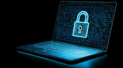 Poster - a laptop computer displaying a digital padlock symbol, representing secure data encryption and prote