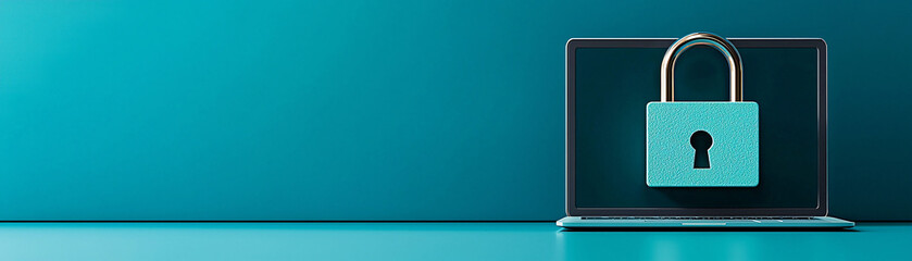 Poster - A modern laptop with a digital padlock on the screen, symbolizing online data security, with clean copy space for additional text or branding.