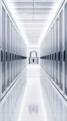 Poster - A digital padlock icon floating in front of server computers, symbolizing secure cloud storage and data protection, with ample copy space for text.