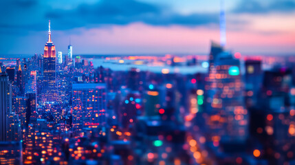 Poster - new york city's skyline, blurred and shimmering with blue lights, shows the city's bustling network 