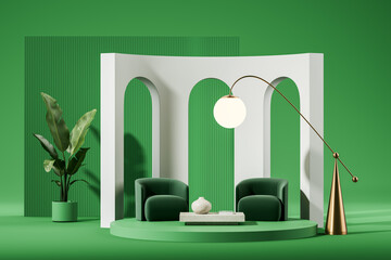 Sticker - Colored relax room interior with two armchairs and coffee table, arch wall