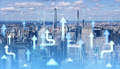 Poster - City skyline with upward arrows and blue overlay representing growth and progress. New York city skyline.