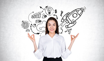 Poster - Smiling woman with business icons, white background, concept of