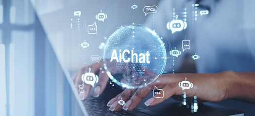 Fototapete - Hands typing on a laptop with a digital globe displaying Ai Chat and chat bot icons floating around.