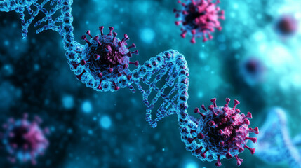 This 3D image shows a DNA strand, representing new ideas. It uses digital analysis to test human DNA, especially in relation to the COVID-19 virus. The image has room for text and creative designs.