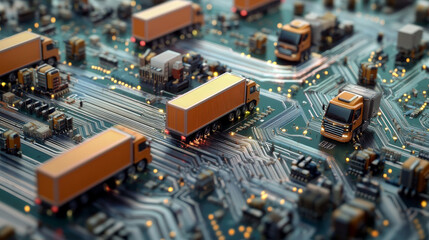 Poster - a 3d image showing a circuit board with tiny computer chips. trucks are driving on wires that look l