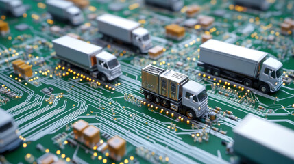 Poster - a 3d image showing a circuit board with tiny computer chips. trucks are driving on wires that look l