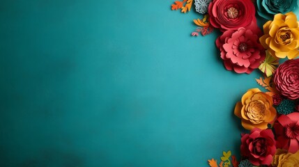 A vibrant display of paper flowers in red, yellow, and green adorns the edges of a rich turquoise surface, perfect for Hispanic Heritage Month. Central area left open for custom text or designs