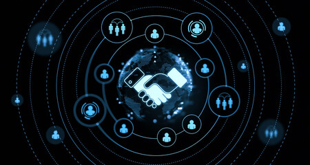 Fototapete - A digital handshake icon surrounded by people icons in a futuristic style on a dark background. Concept of global networking. 3D Rendering