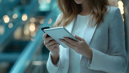 Poster - Woman in White Suit Holding Phone and Tablet