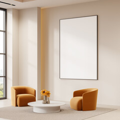 Sticker - Modern interior with blank canvas on wall and stylish armchairs. 3D Rendering