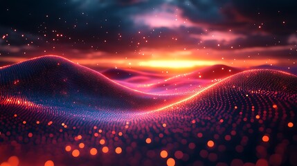 Poster - Abstract digital landscape with red, orange, and pink light and particles.