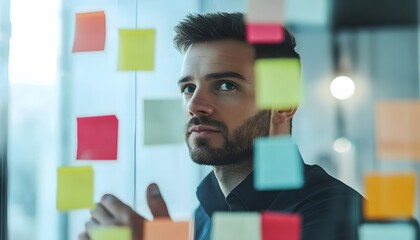 Poster - Man Looking at Sticky Notes on Glass Wall